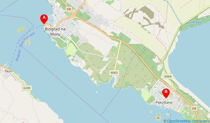 Map of ferry route between Biograd na Moru and Pakostane